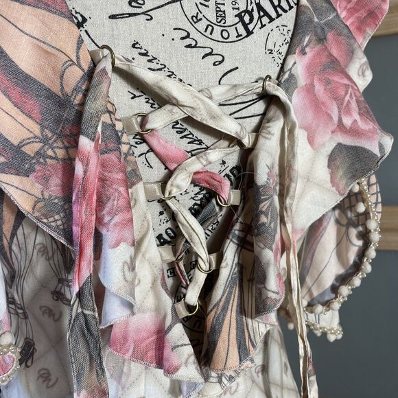 Perfect Way Floral Romantic Mini Dress Elegant W/Pearly Beads Woman Size M - Picture 11 of 12